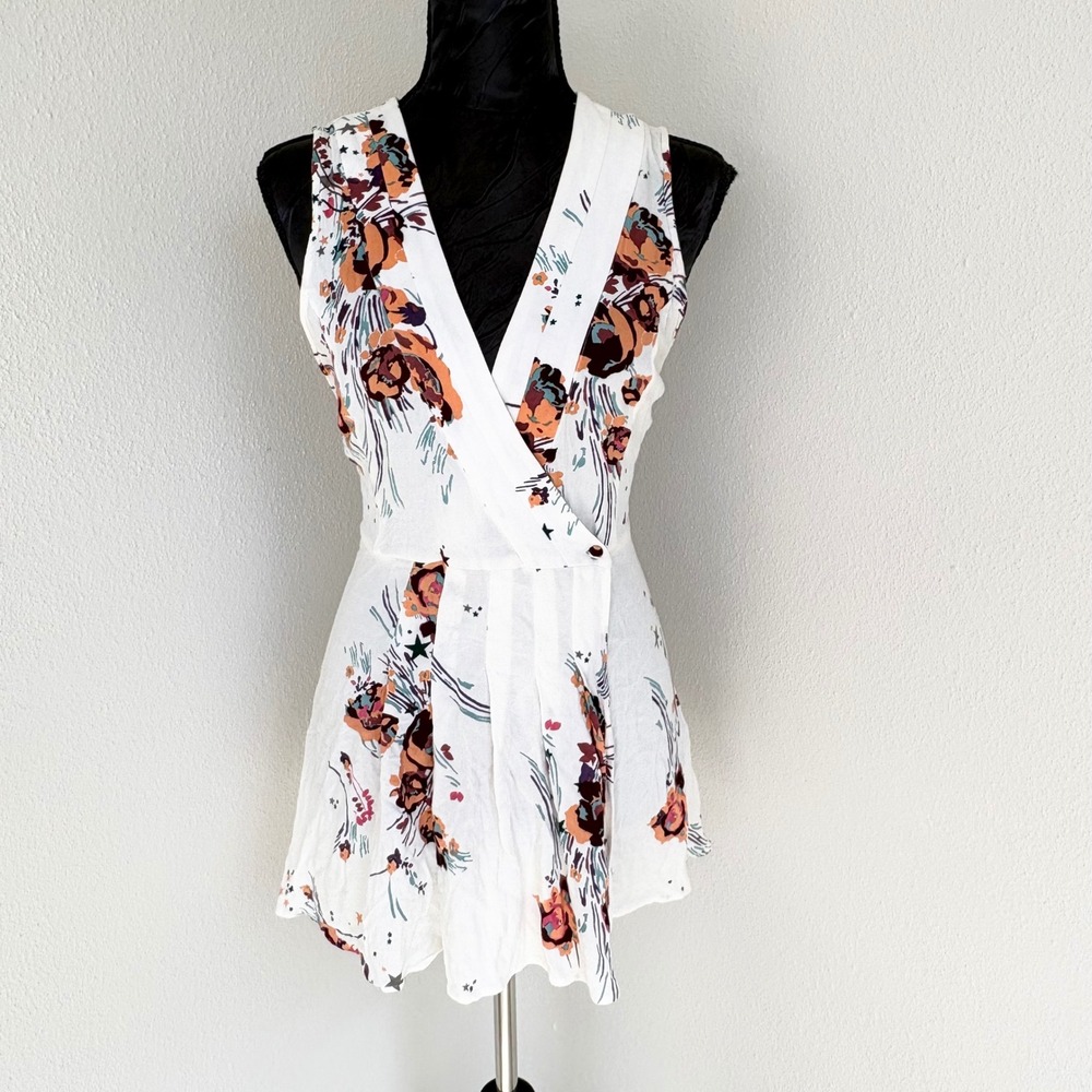 Free People Back to the Basic Floral Wrap Tunic Mini Dress S Ivory Multicolor